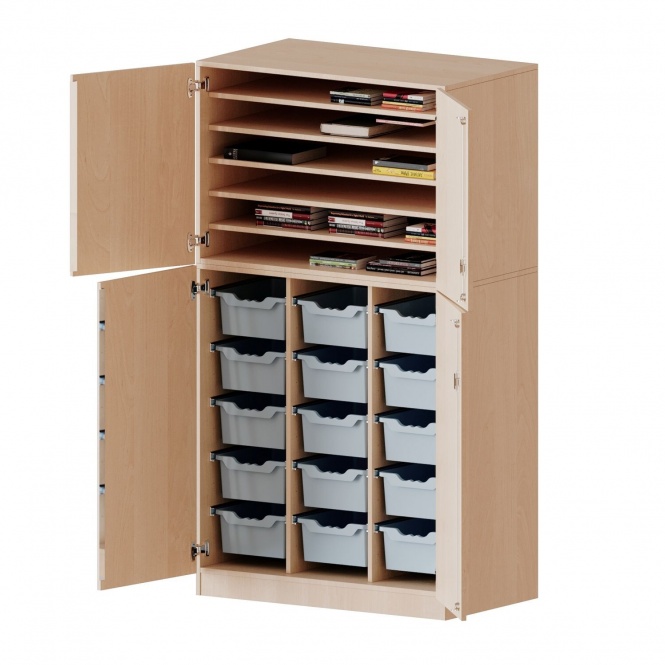 Bastelschrank, 5 OH, 4-türiger Schrank mit 15 hohen Boxen, zweiteilig, B/H/T 104,5x190x65cm 